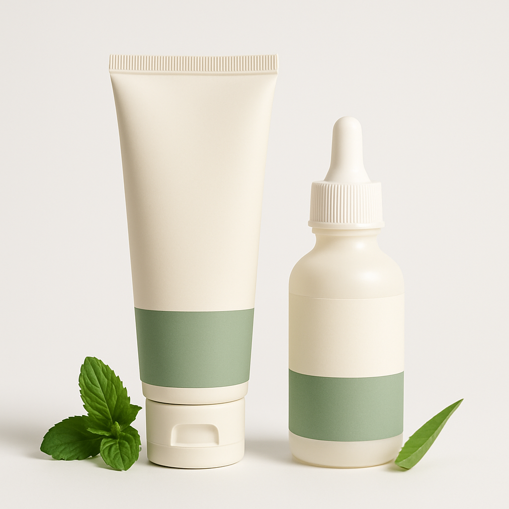 Private-label dog toothpaste tube and liquid ear cleaner bottle
