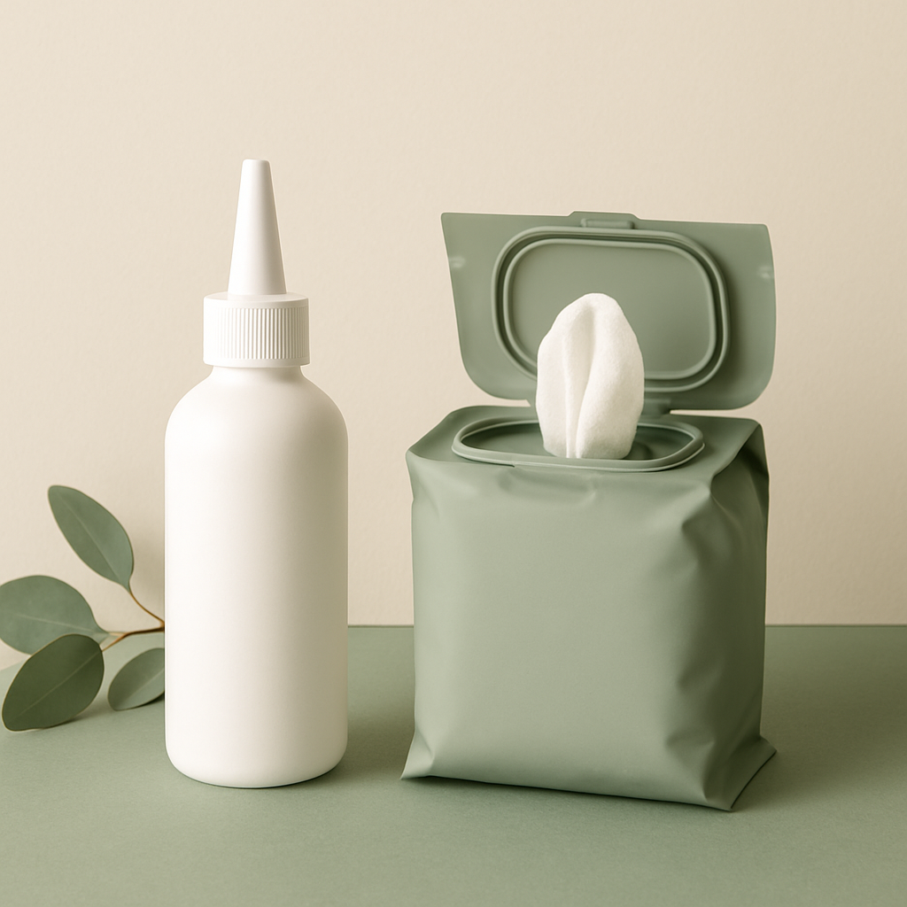 Private-label after-swim ear rinse bottle with matching ear wipes
