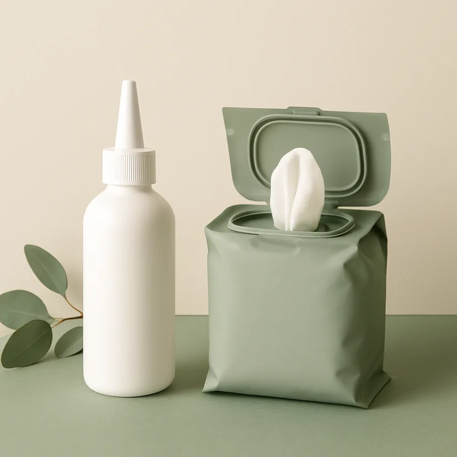 Private-label dog ear cleaner bottle with matching ear wipes kit